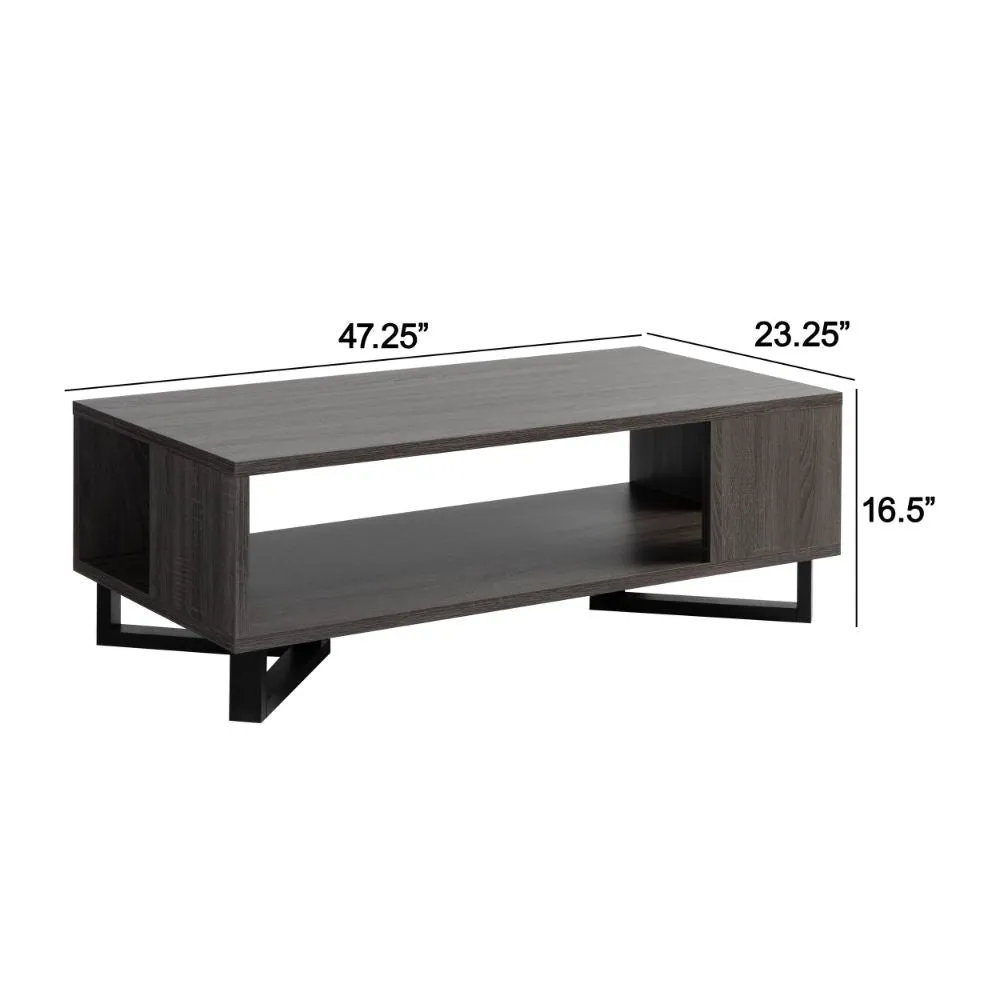47 Inch Modern Coffee Table, Abstract Style, Open Shelf, Distressed Gray By Casagear Home