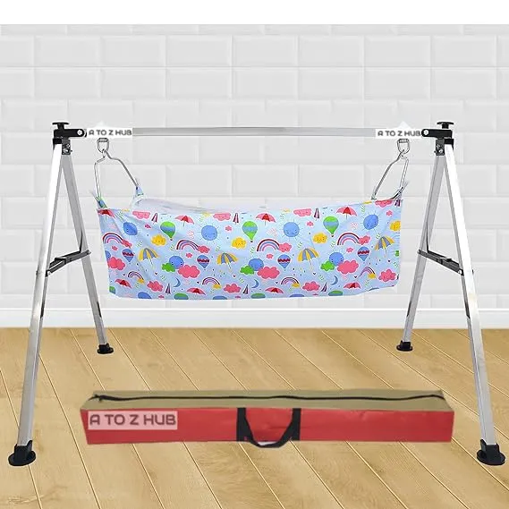 A TO Z HUB Baby Swing Cradle: Portable Folding Jhula/Ghodiyu/with Free Cotton Hammock - Create a Soothing Oasis for Your Precious Little One (Square Pipe Black)