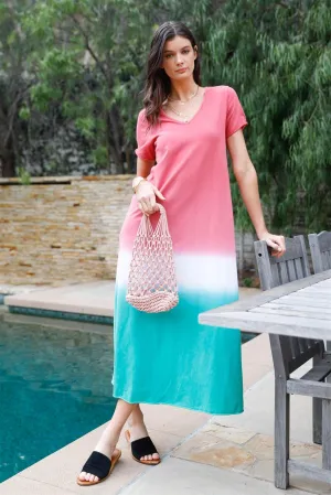 Brick Multi Color Cotton Tie-Dye V-Neck Maxi Dress /2-2-2