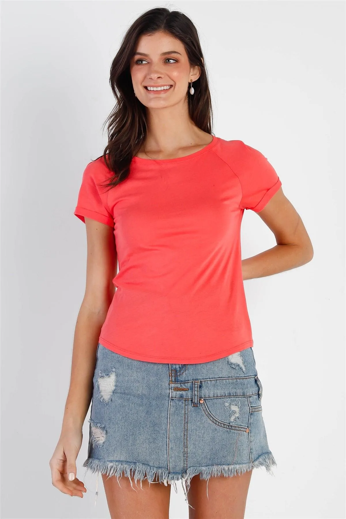 Coral Short Sleeve Cotton Blend T-Shirt Top /2-2-2