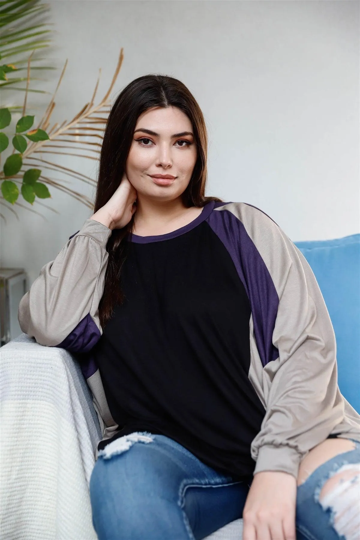 Junior Plus Black & Purple Colorblock Dolman Sleeve Oversized Top /2-2-2