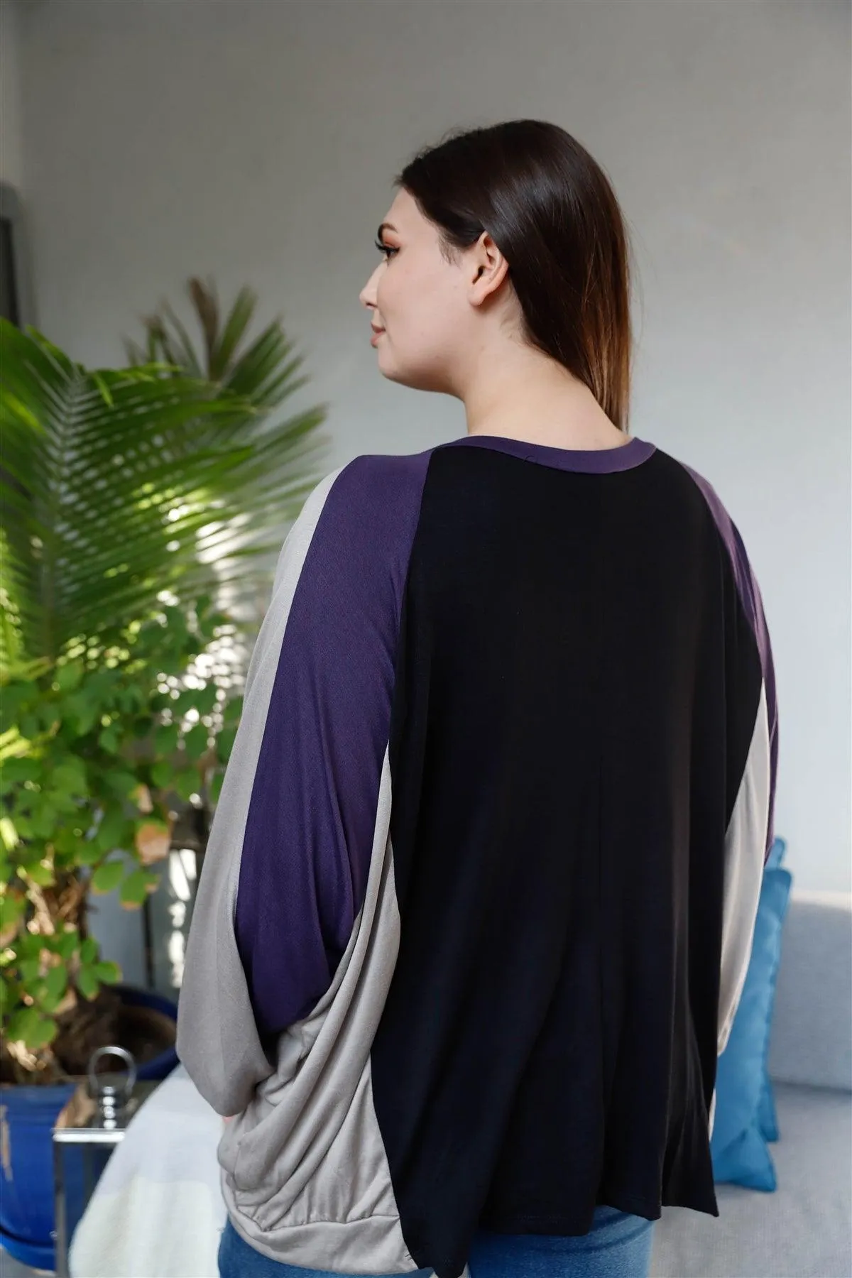 Junior Plus Black & Purple Colorblock Dolman Sleeve Oversized Top /2-2-2