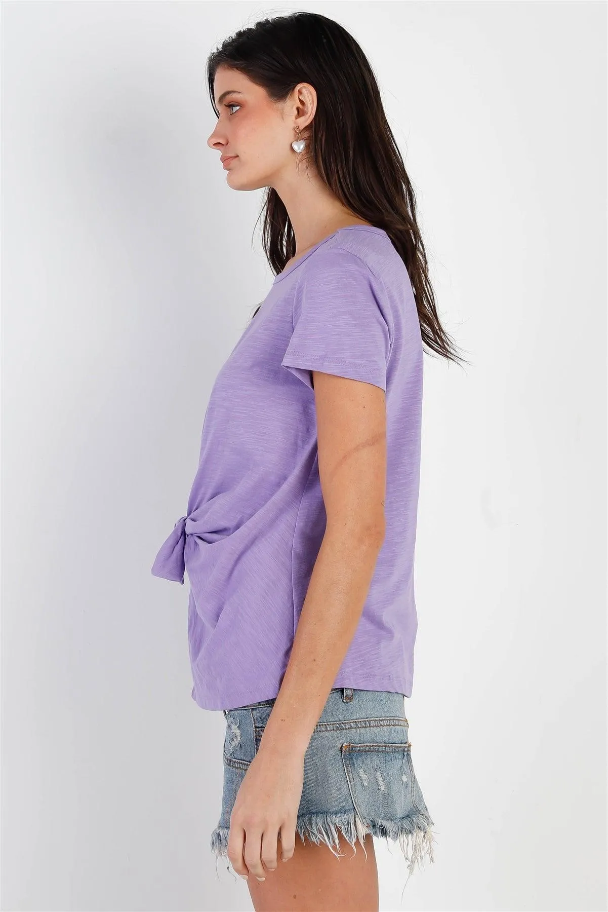 Lavender Cotton Front Tie Detail Short Sleeve Top /2-1-1-2
