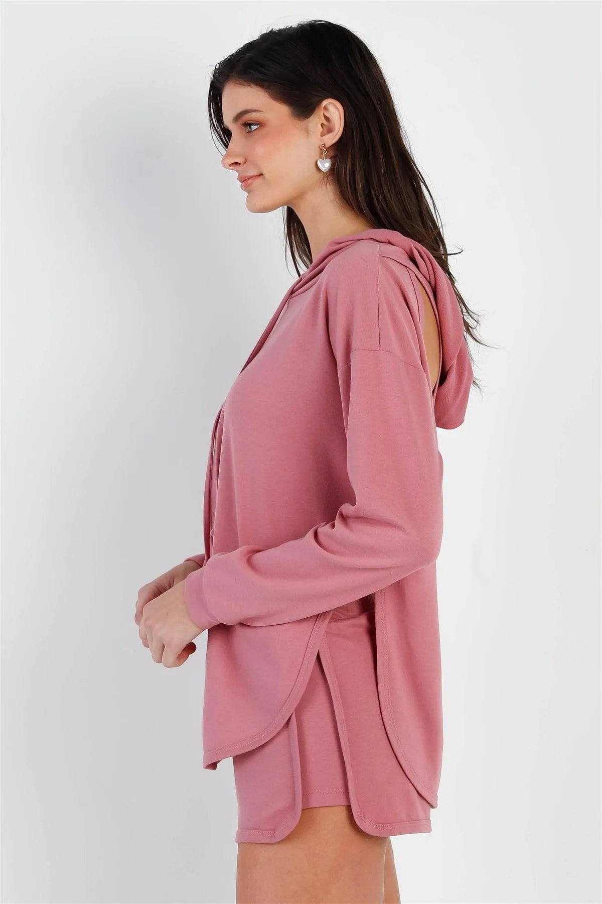 Mauve Racer Back Detail Long Sleeve Hooded Top & Short Set /2-2-2