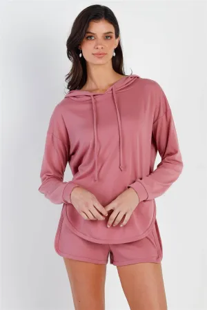 Mauve Racer Back Detail Long Sleeve Hooded Top & Short Set /2-2-2