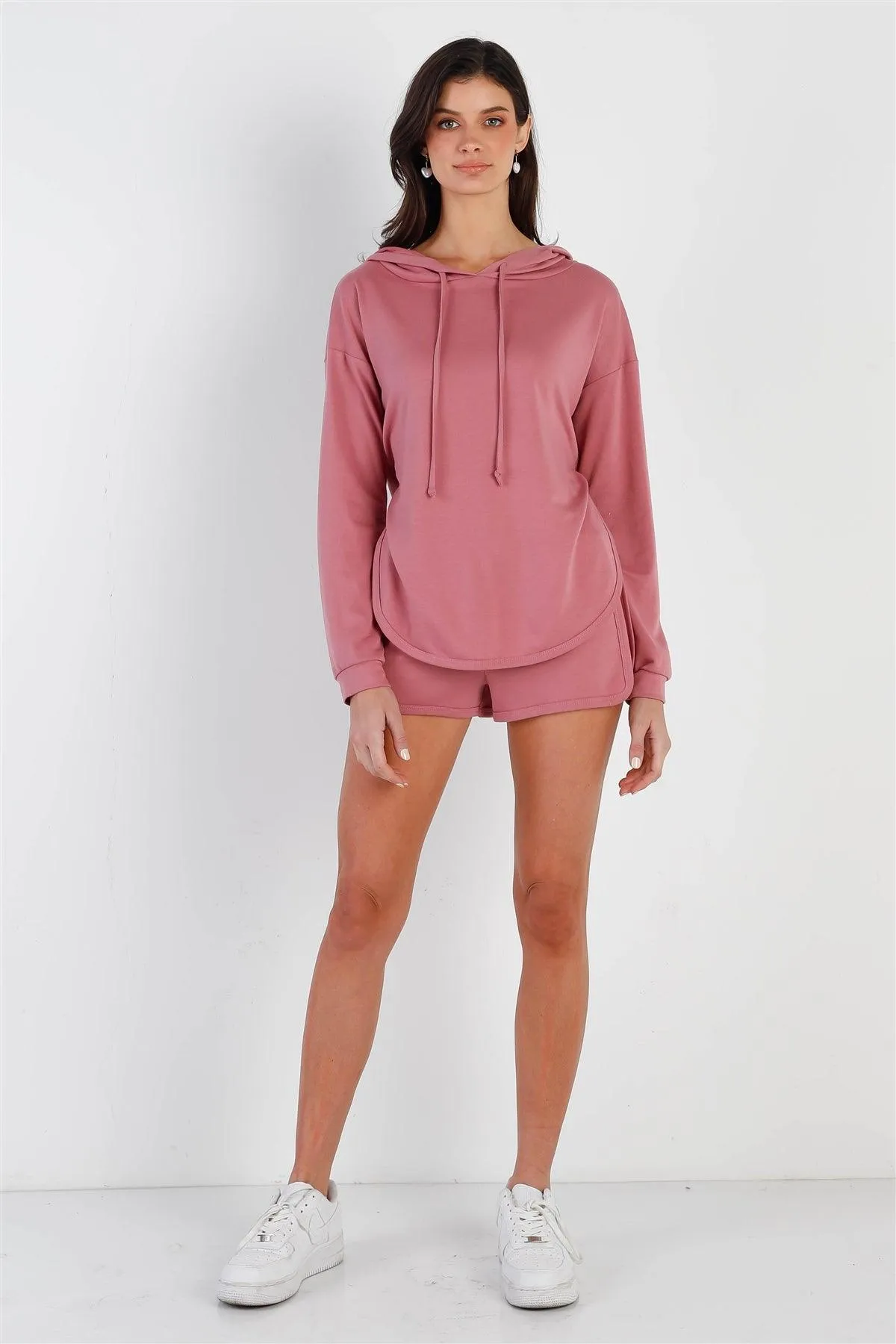 Mauve Racer Back Detail Long Sleeve Hooded Top & Short Set /2-2-2