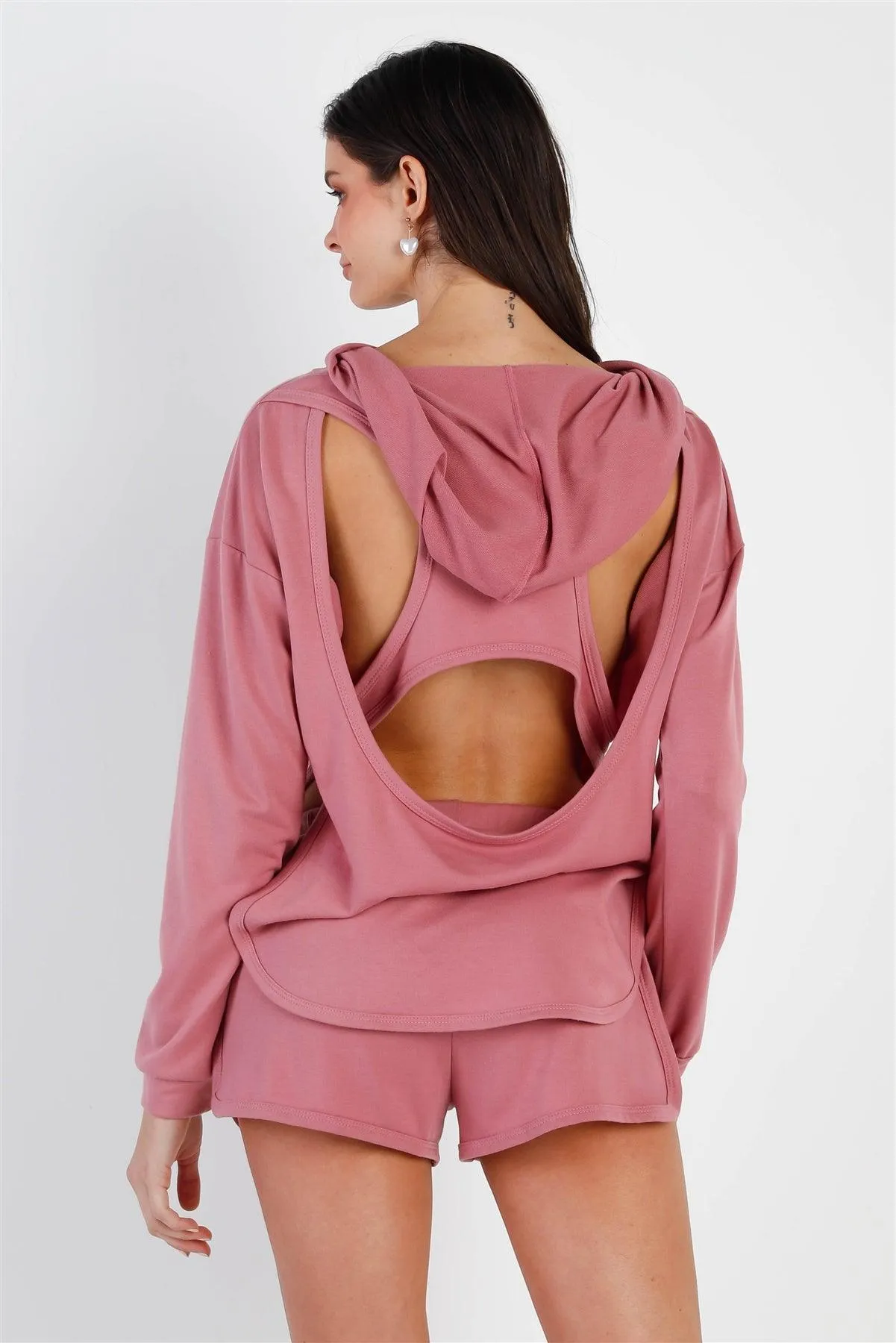 Mauve Racer Back Detail Long Sleeve Hooded Top & Short Set /2-2-2