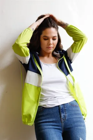 Navy Green & White Colorblock Zip-Up Hooded Wind Jacket /1-2-2-1
