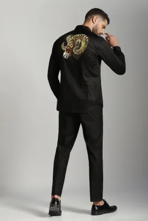 Rugged Elegance: Black Shirt with Hand-Painted Bull Design on Back