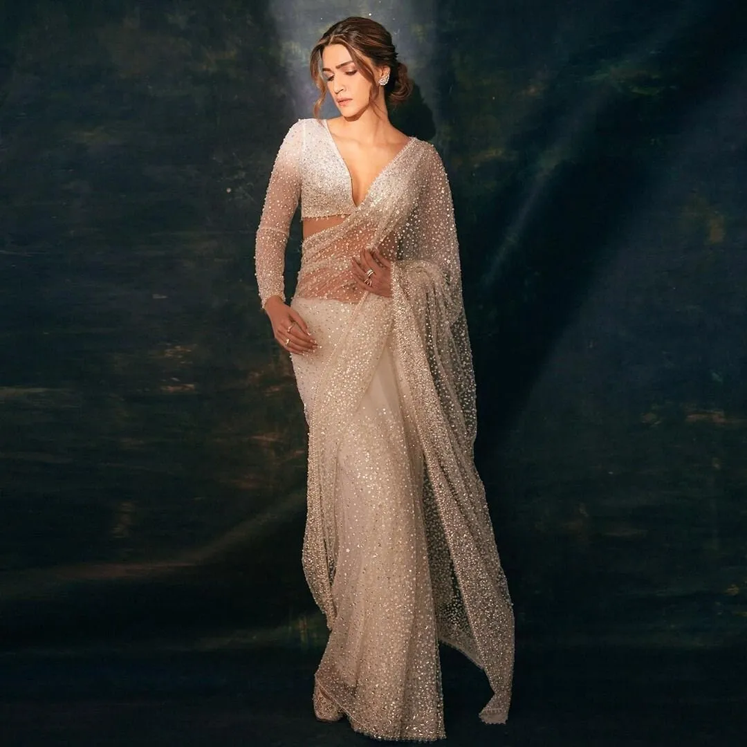 Saree, White Saree, Net Saree, White Indian Saree, Modern Saree, Stitched Blouse, Designer Saree, Wedding Saree, Traditional Saree, RR-396