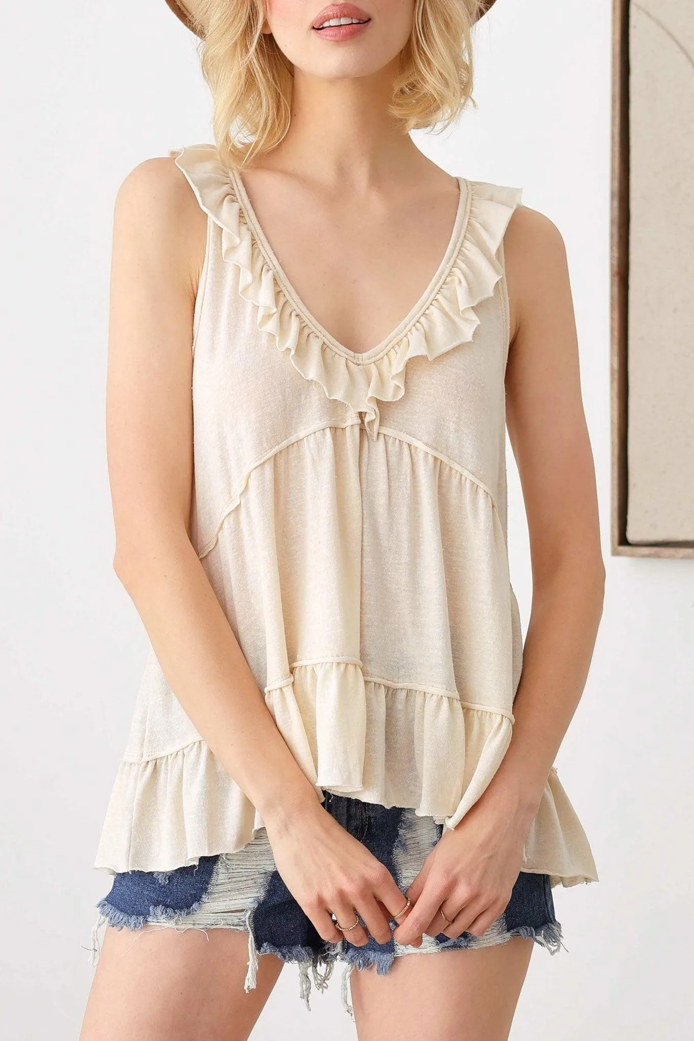 Woven Boho Ruffle Details Back T-Line Sleeveless Top